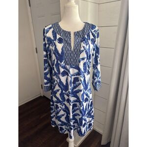 Cabana Life Dress Womens Medium Blue White Tropical Leaf Tunic 3/4 Sleeve Resort